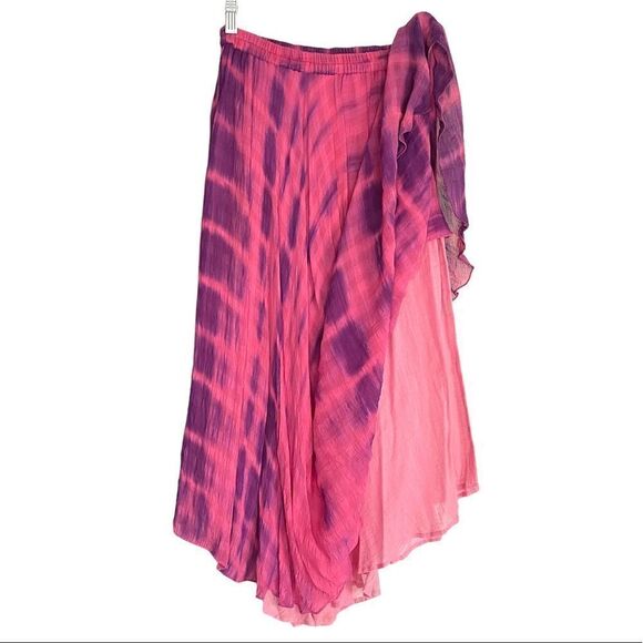 VINTAGE Batik Skirt Tie Dye Pink Purple Linen Lined Handkerchief Womens XS - Picture 2 of 7